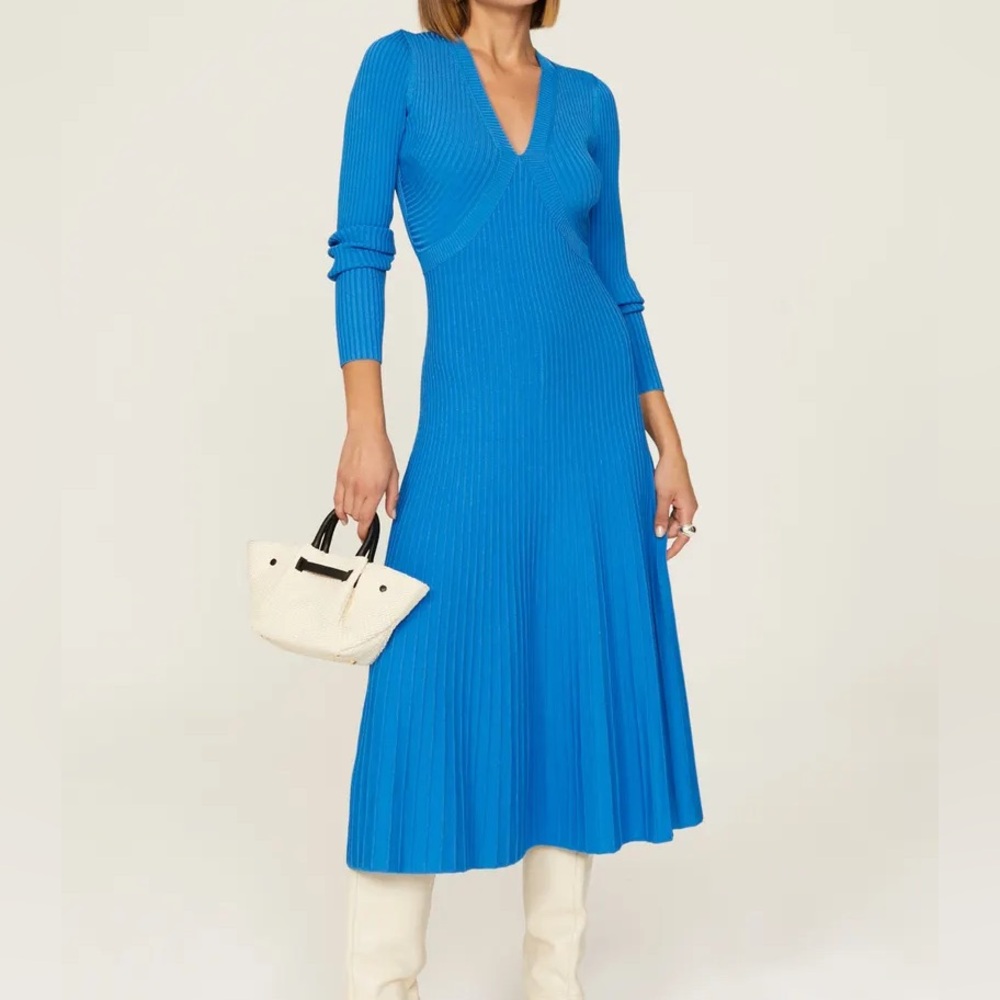 NWT Simkhai Melba Ribbed Blue Long Sleeved Midi Dress | L